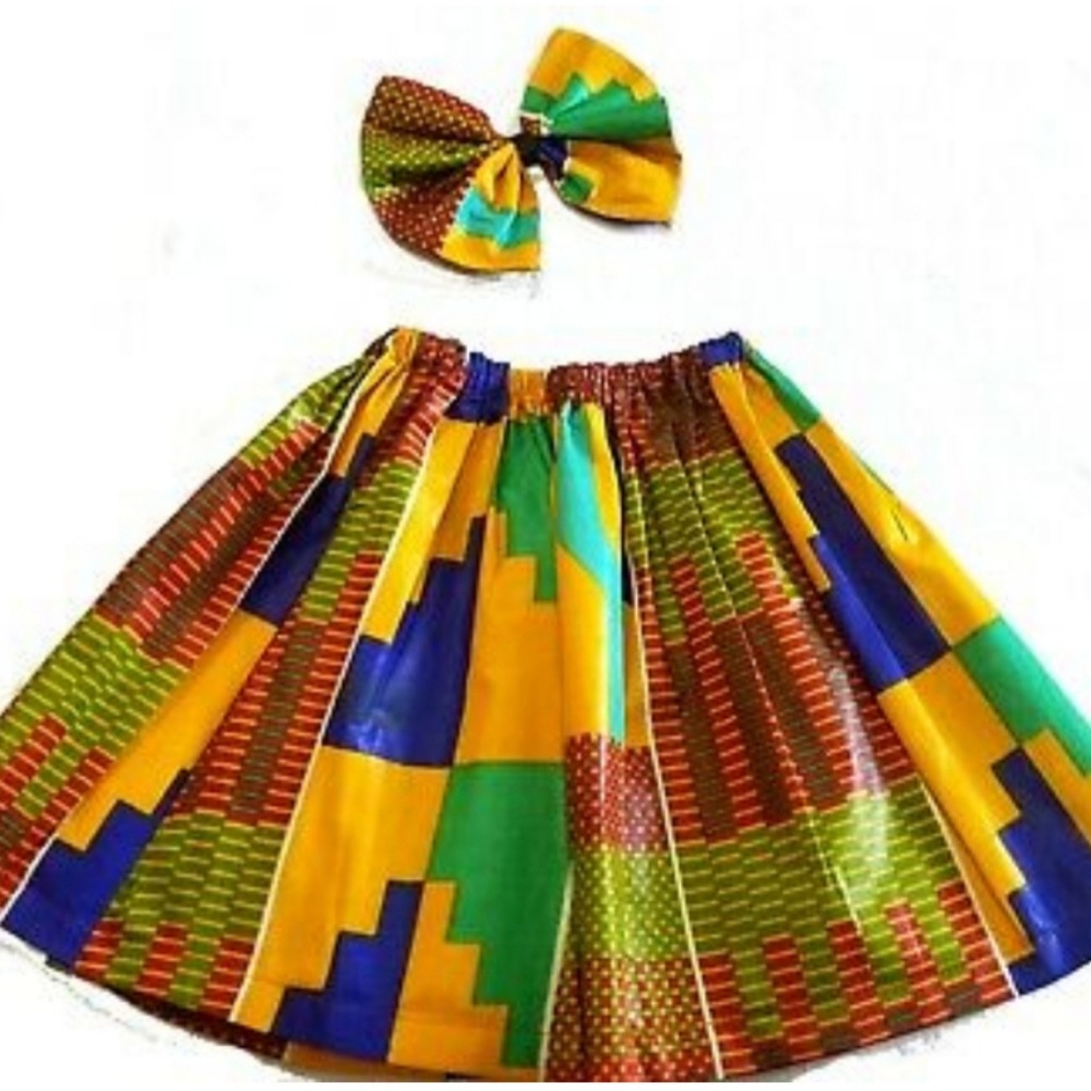 2 Pcs African print Ankara girls Skirt wt Clip Bow